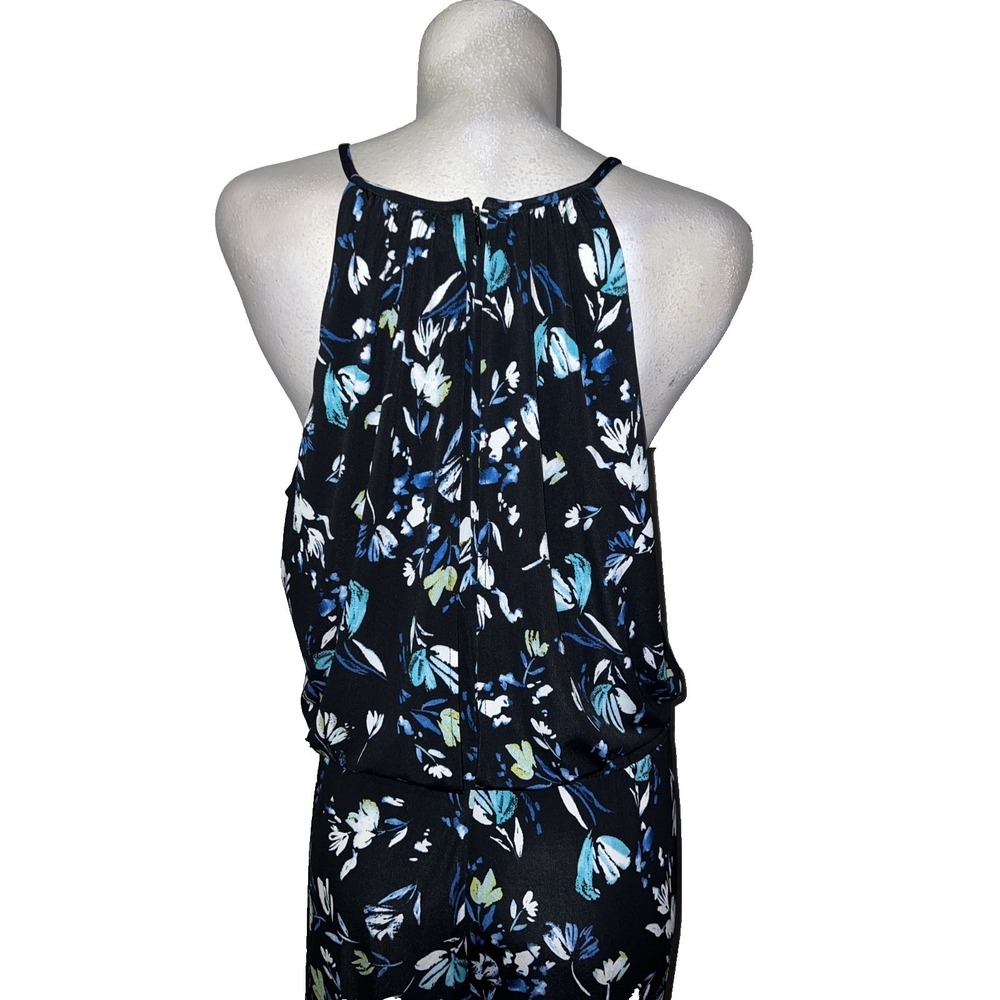 London Times Womens Size 16 Black Blue Floral Halter Keyhole Jumpsuit Wide Leg - Picture 7 of 8